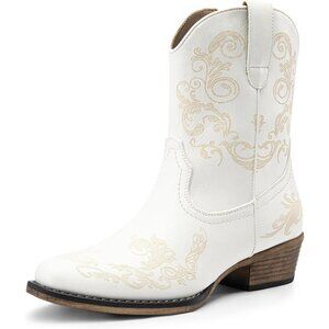🆕White Women's Cowboy Cowgirl Western Ankle Boots Faux Leather Chunky Low Heels